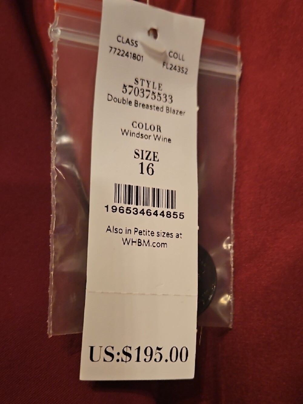 Sz 16/ NEW Wine Suit Double-Breasted Blazer + 14 Pants. Paper Still On Buttons. - Picture 3 of 8